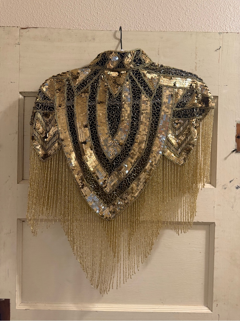 Vintage Western Fashion Gold Black Sequin Beaded Fringe Cape Bolero Jacket